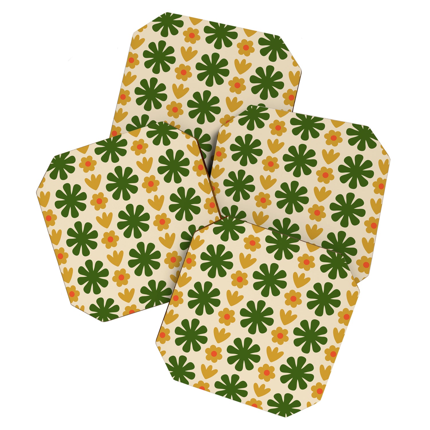 Scandi Floral Grid Retro Pattern Cream Orange Green Ochre Coaster Gallery Image 1