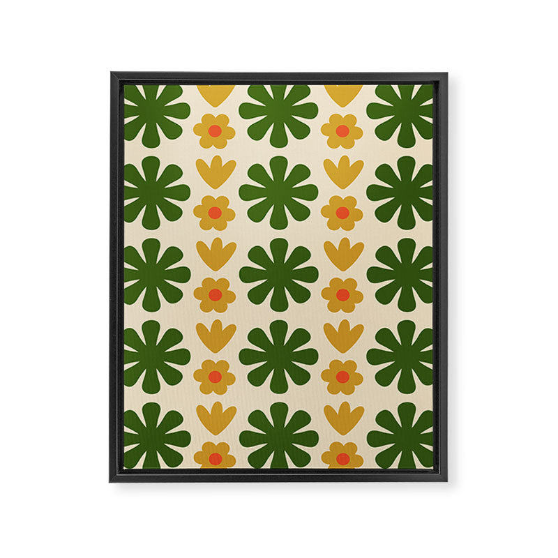 Scandi Floral Grid Retro Pattern Cream Orange Green Ochre Framed Canvas Print Gallery Image 8