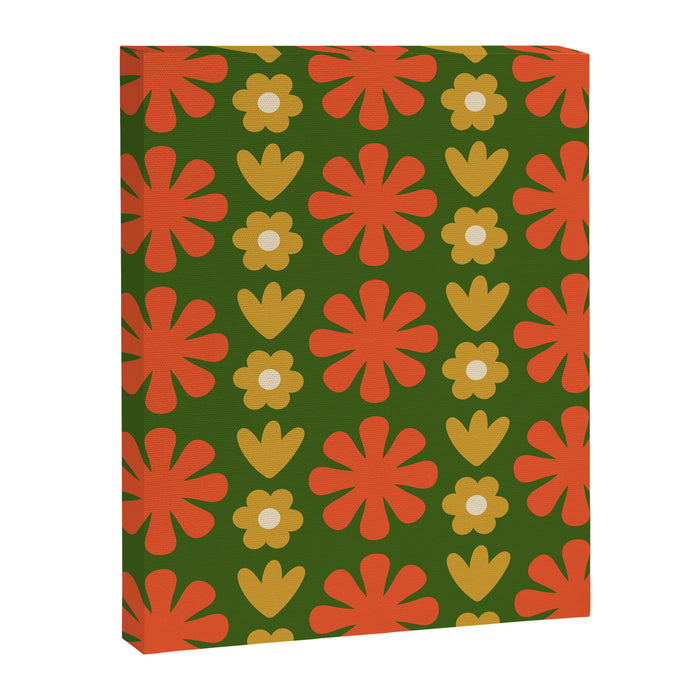 Scandi Floral Grid Retro Pattern Green Ochre Orange Cream Canvas Print Gallery Image 1