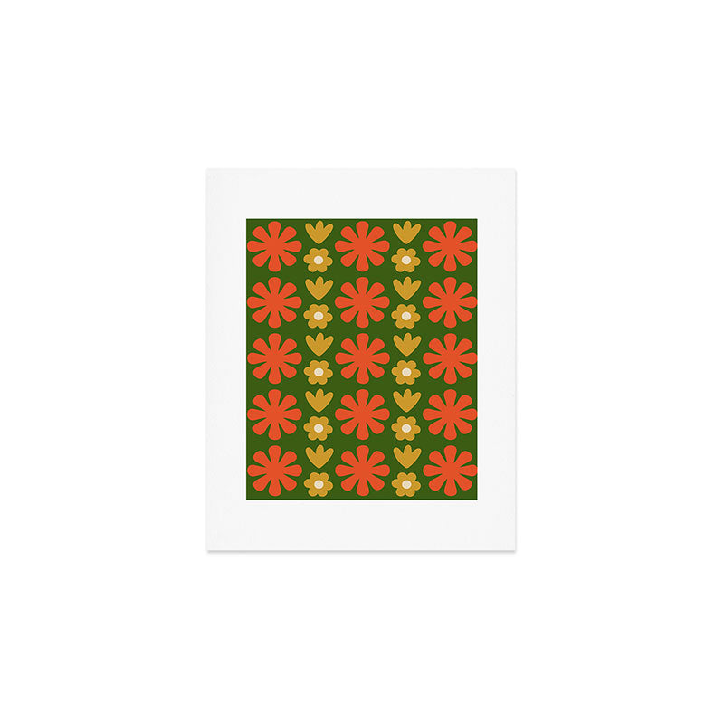 Scandi Floral Grid Retro Pattern Green Ochre Orange Cream Art Print Gallery Image 1
