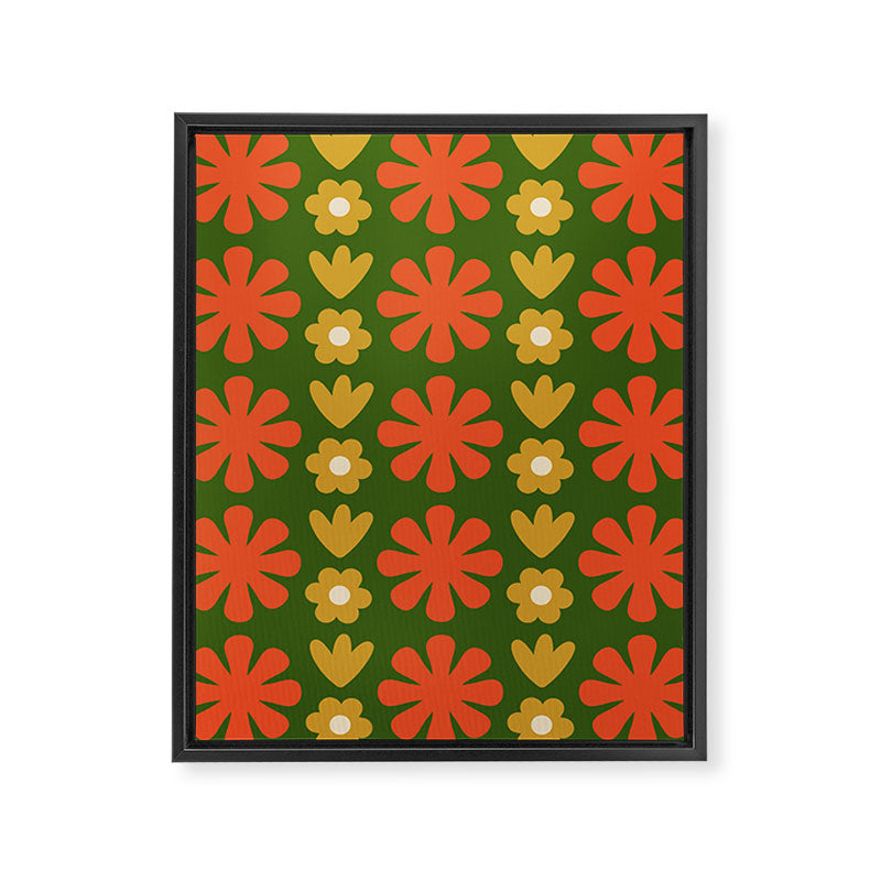 Scandi Floral Grid Retro Pattern Green Ochre Orange Cream Framed Canvas Print Gallery Image 8