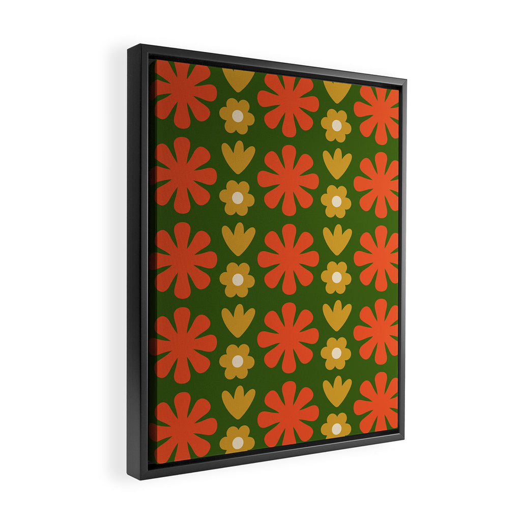 Scandi Floral Grid Retro Pattern Green Ochre Orange Cream Framed Canvas Print Gallery Image 2