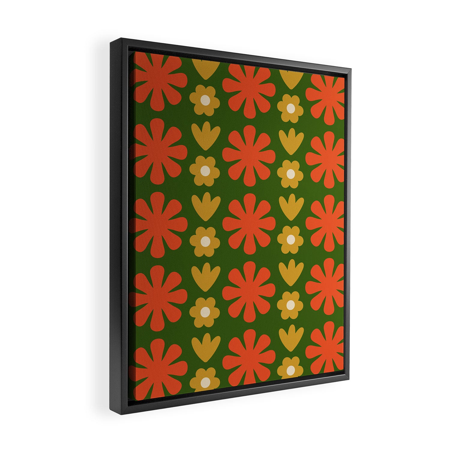 Scandi Floral Grid Retro Pattern Green Ochre Orange Cream Framed Canvas Print Gallery Image 2