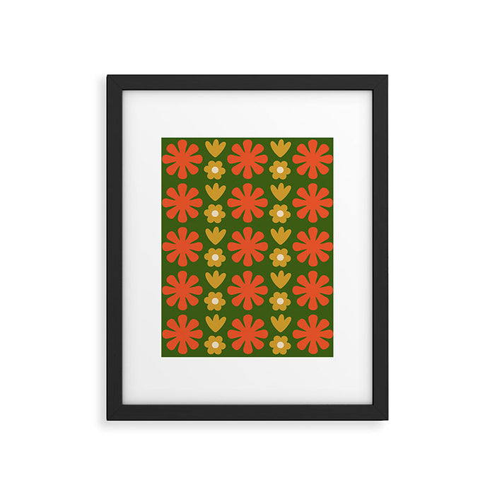 Scandi Floral Grid Retro Pattern Green Ochre Orange Cream Framed Art Print Gallery Image 1