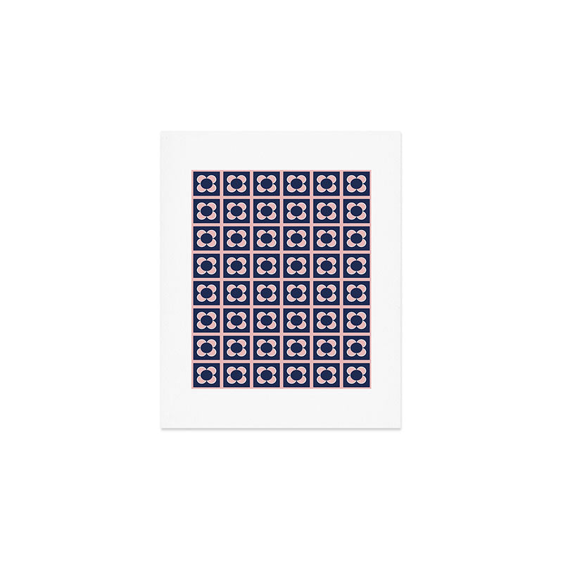 Scandi Flower Minimalist Mid Century Floral Pattern in Pink, White, and Navy Blue Art Print Gallery Image 1