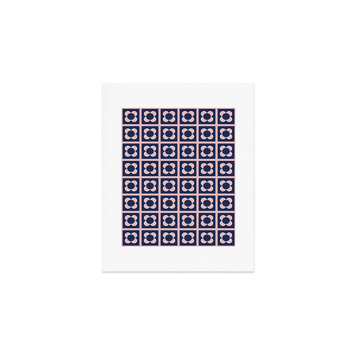 Scandi Flower Minimalist Mid Century Floral Pattern in Pink, White, and Navy Blue Art Print Gallery Image 1