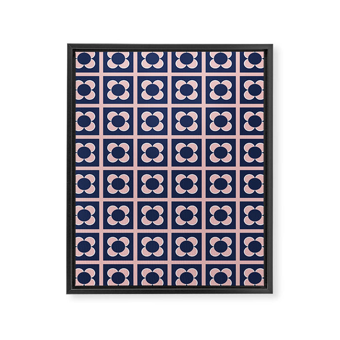 Scandi Flower Minimalist Mid Century Floral Pattern in Pink, White, and Navy Blue Framed Canvas Print Gallery Image 1