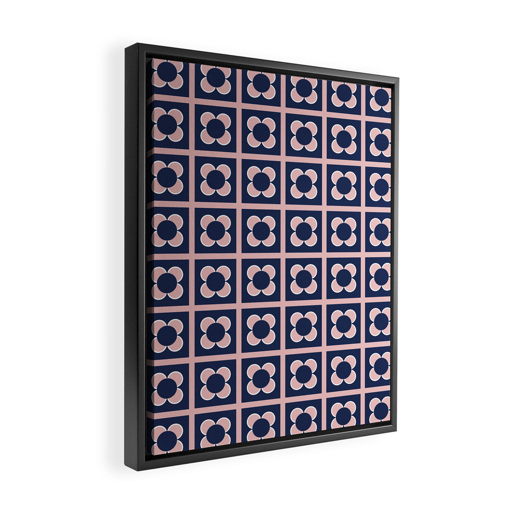 Scandi Flower Minimalist Mid Century Floral Pattern in Pink, White, and Navy Blue Framed Canvas Print Gallery Image 2