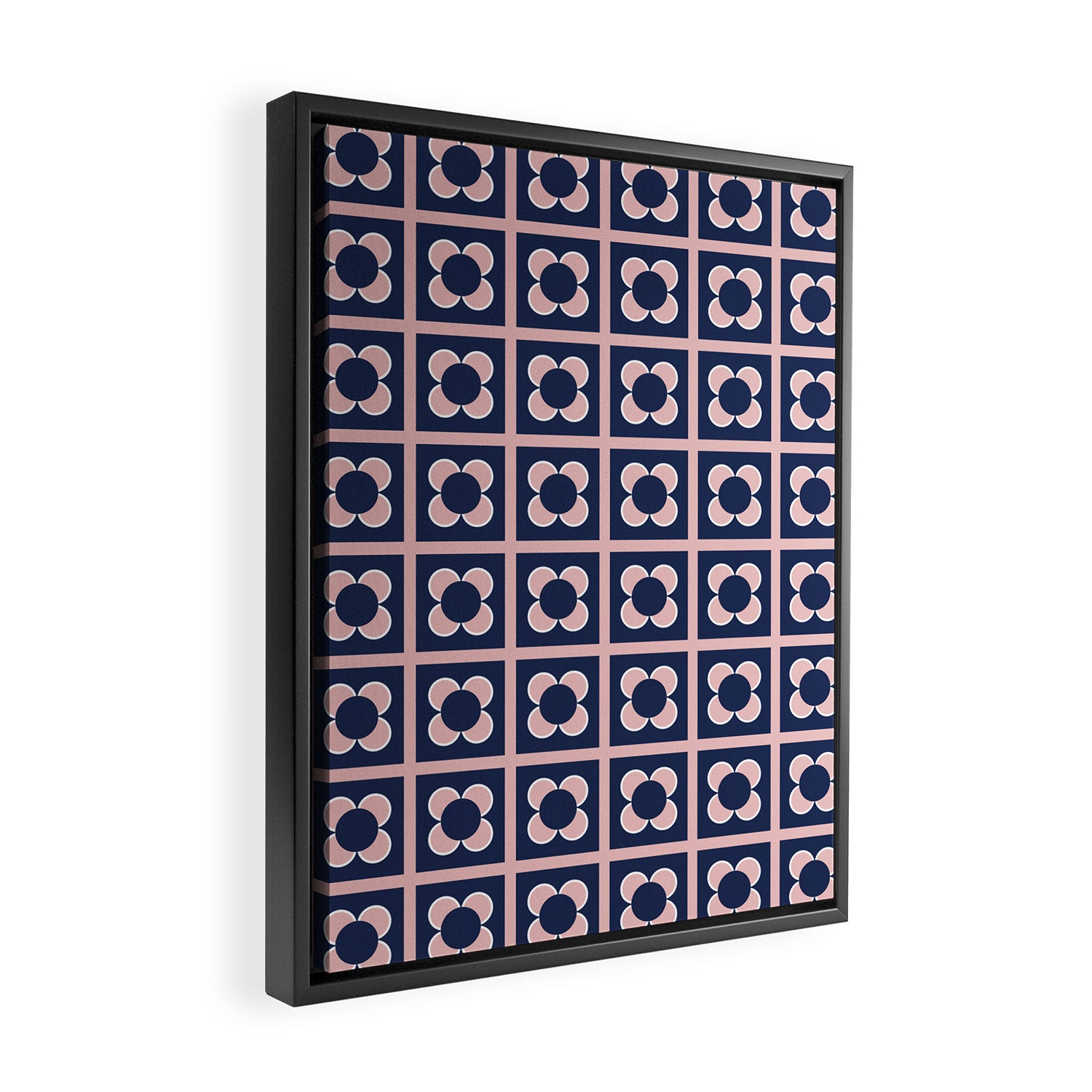 Scandi Flower Minimalist Mid Century Floral Pattern in Pink, White, and Navy Blue Framed Canvas Print Gallery Image 2