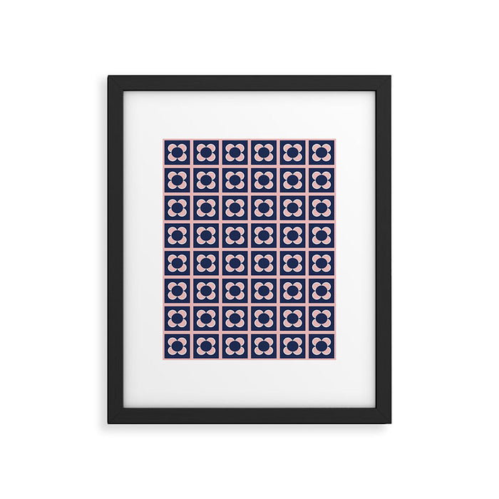 Scandi Flower Minimalist Mid Century Floral Pattern in Pink, White, and Navy Blue Framed Art Print Gallery Image 1