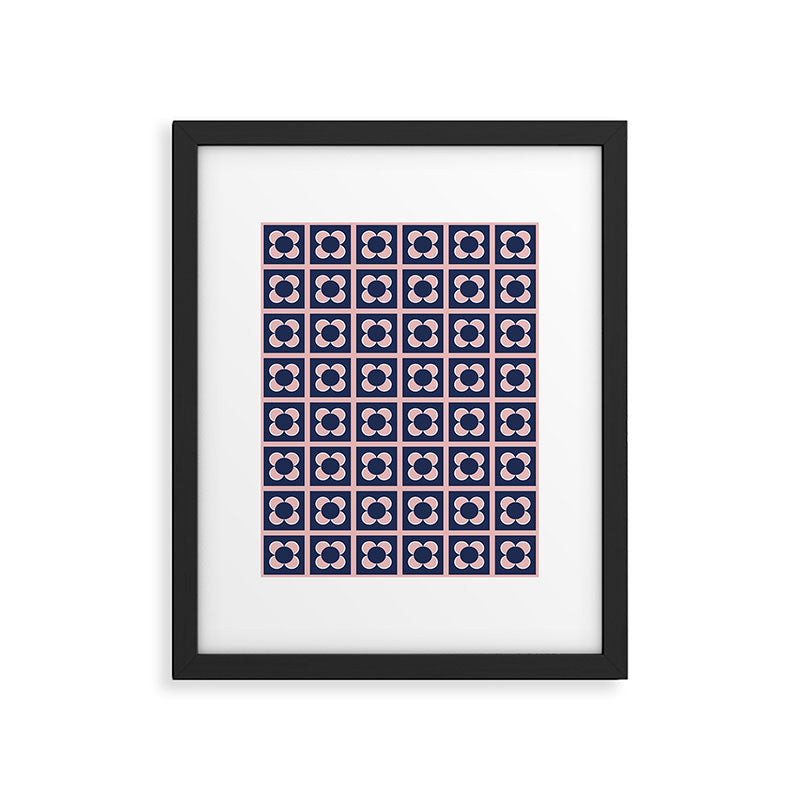 Scandi Flower Minimalist Mid Century Floral Pattern in Pink, White, and Navy Blue Framed Art Print Gallery Image 6