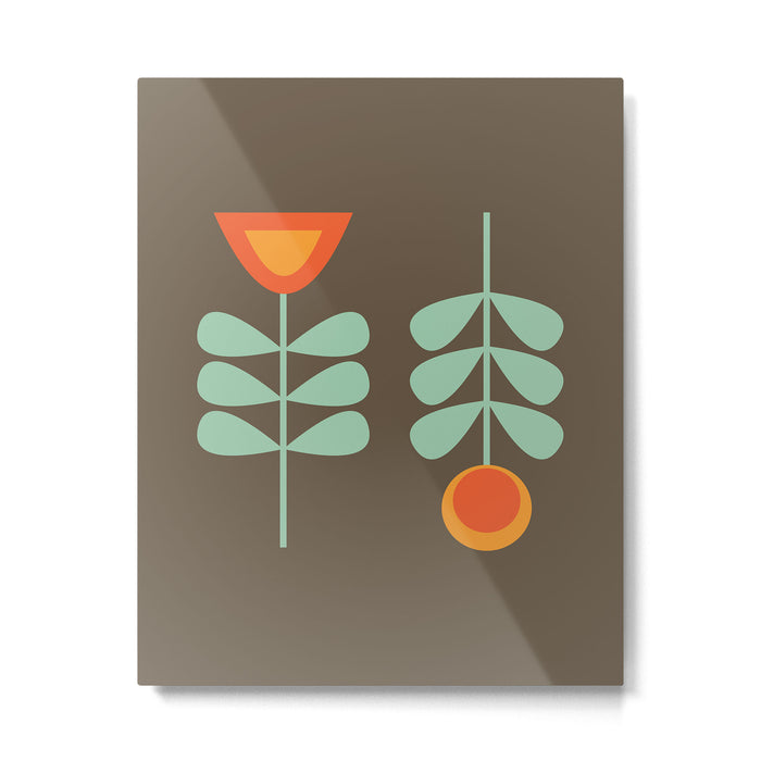 Scandi Flower Pair Retro Floral Minimalist Brown Orange Celadon Mint Metal Print Gallery Image 1