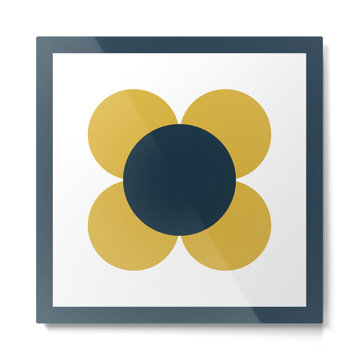 Scandi Flower Single - Retro Minimalist Floral Pattern in Light Mustard, Navy Blue, and White Metal Print Gallery Image 1