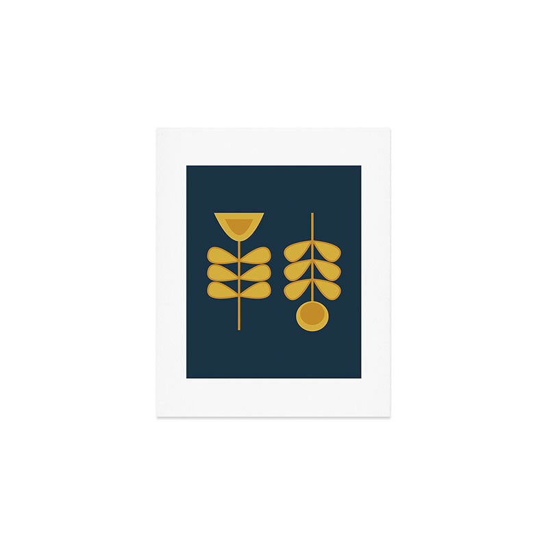 Scandi Garden Retro Minimalist Flower Pair in Mustard Yellow and Navy Blue Art Print Gallery Image 1