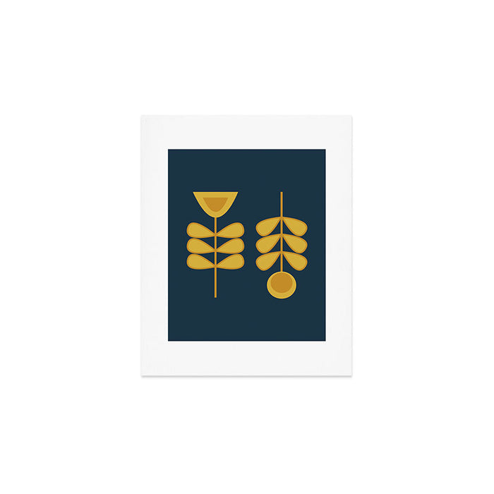 Scandi Garden Retro Minimalist Flower Pair in Mustard Yellow and Navy Blue Art Print Gallery Image 1