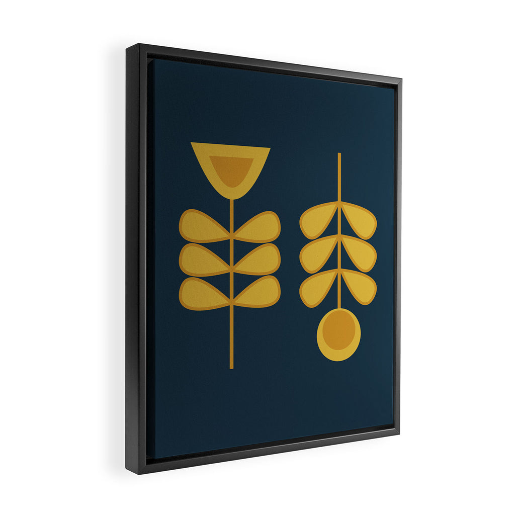 Scandi Garden Retro Minimalist Flower Pair in Mustard Yellow and Navy Blue Framed Canvas Print Gallery Image 2