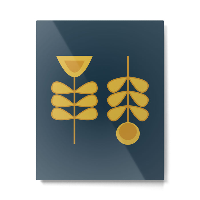 Scandi Garden Retro Minimalist Flower Pair in Mustard Yellow and Navy Blue Metal Print Gallery Image 1