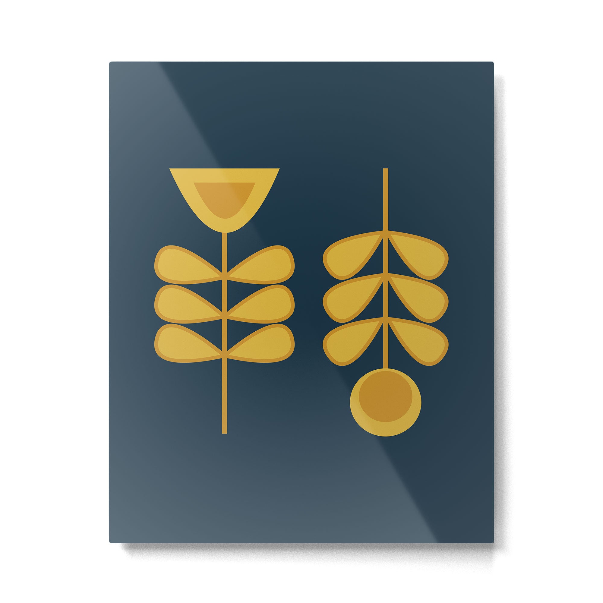 Scandi Garden Retro Minimalist Flower Pair in Mustard Yellow and Navy Blue Metal Print Gallery Image 6