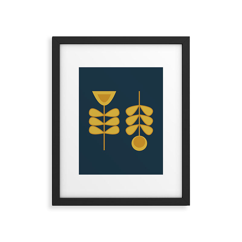 Scandi Garden Retro Minimalist Flower Pair in Mustard Yellow and Navy Blue Framed Art Print Gallery Image 6