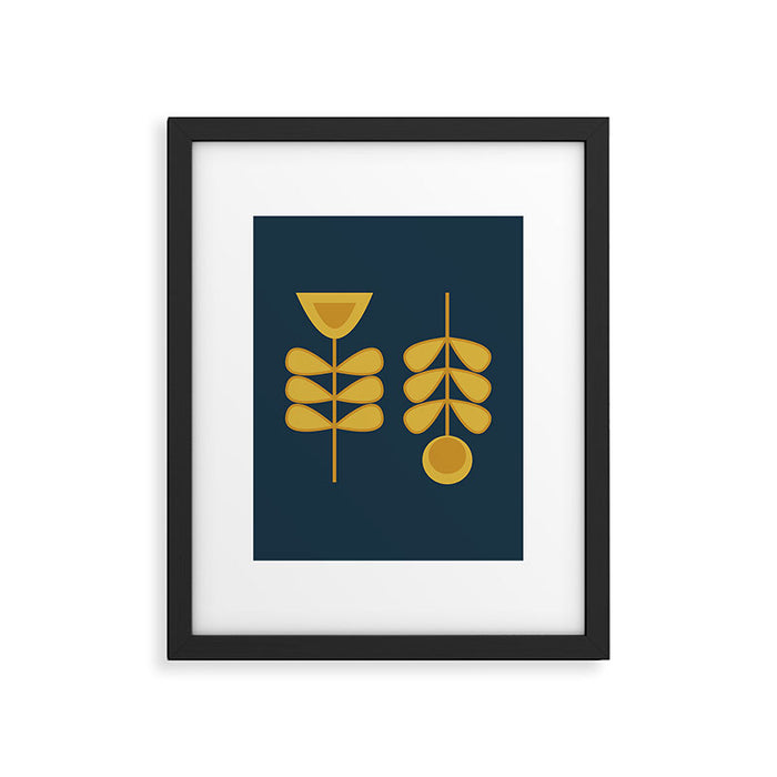 Scandi Garden Retro Minimalist Flower Pair in Mustard Yellow and Navy Blue Framed Art Print Gallery Image 1