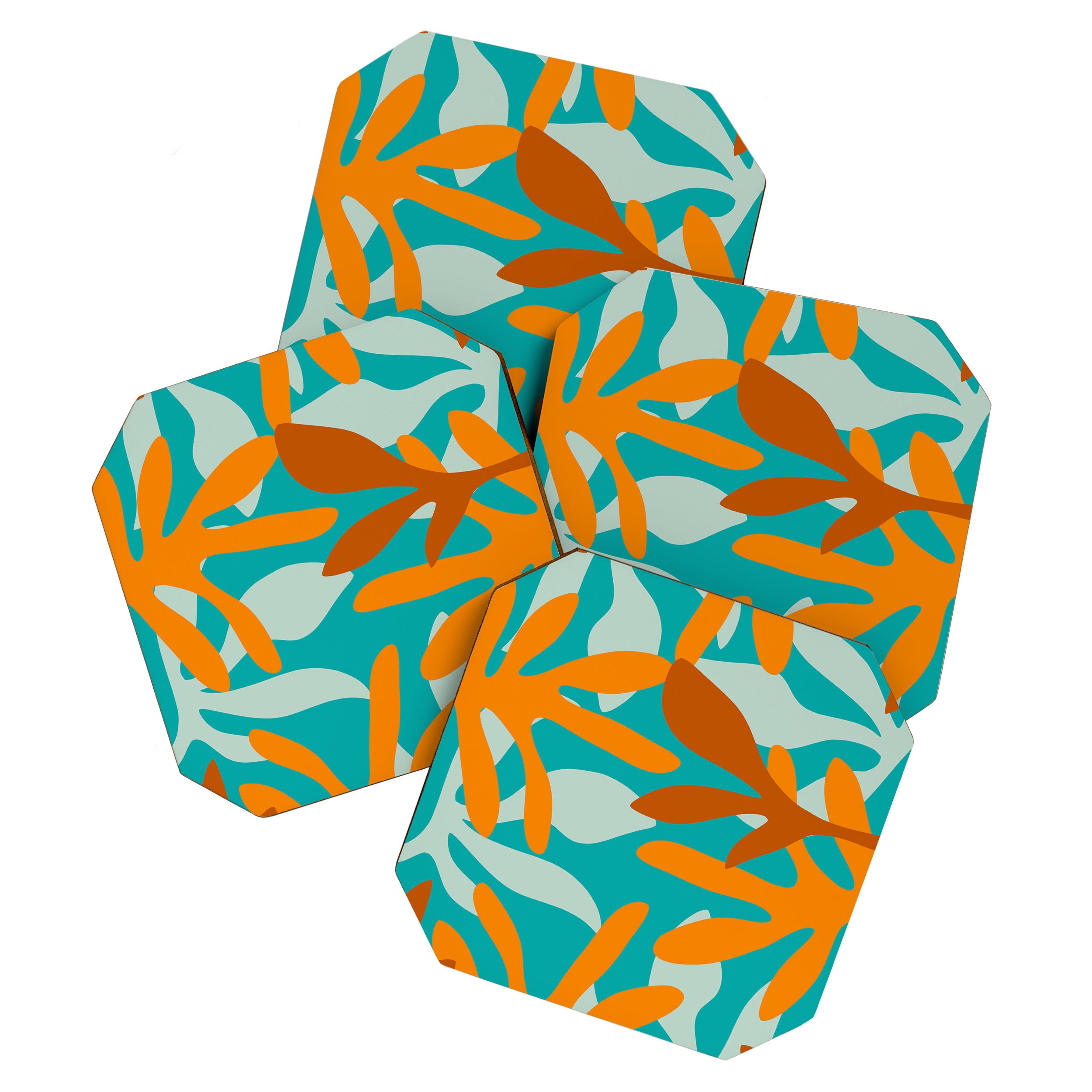 Seychelles Garden Botanical Abstract in Rust, Orange, Aqua, and Turquoise Coaster Gallery Image 1