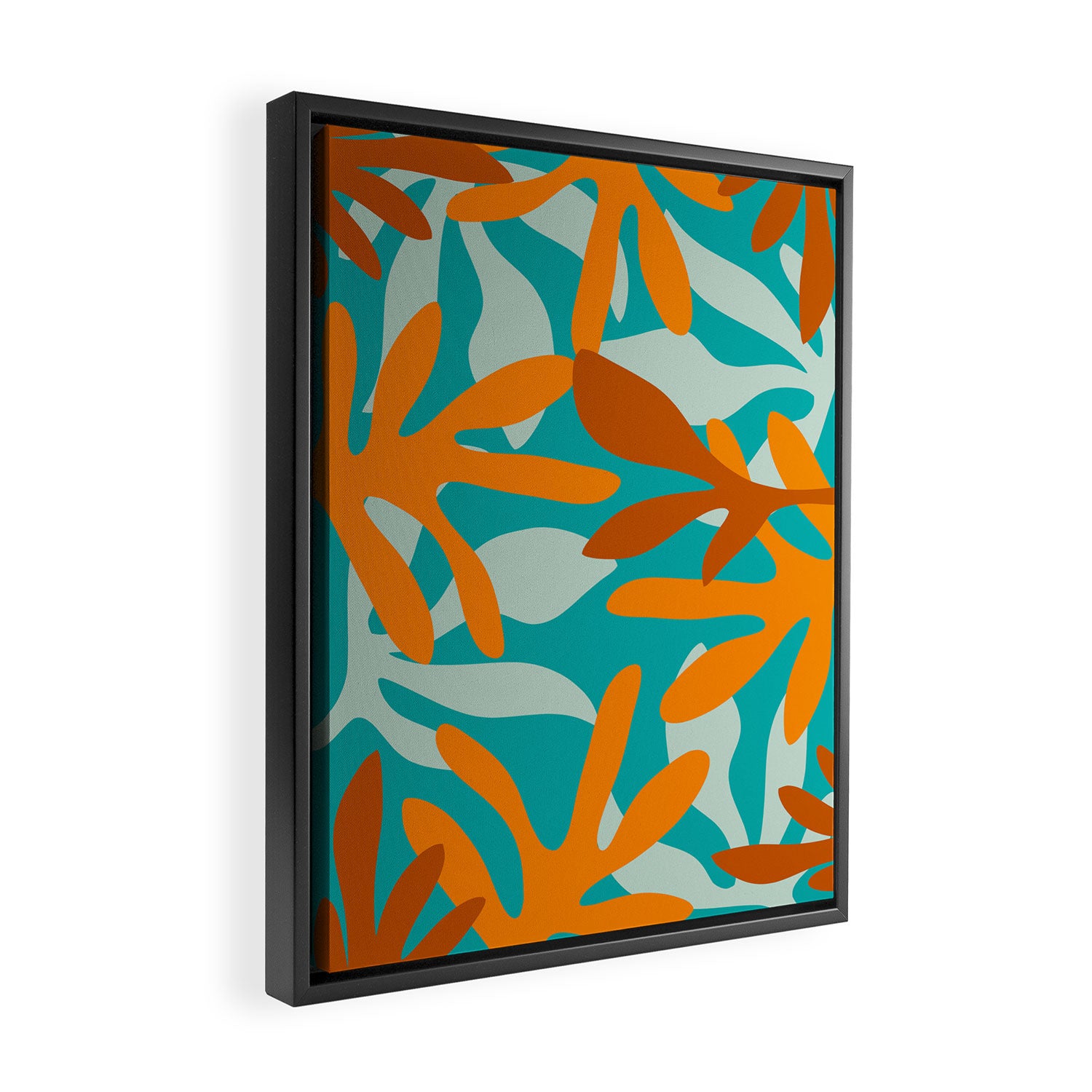 Seychelles Garden Botanical Abstract in Rust, Orange, Aqua, and Turquoise Framed Canvas Print Gallery Image 2