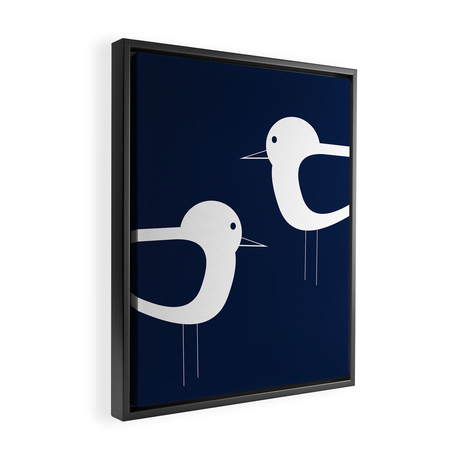 Shorebird Pair - Minimalist Beach Birds in White and Nautical Navy Blue Framed Canvas Print Gallery Image 2