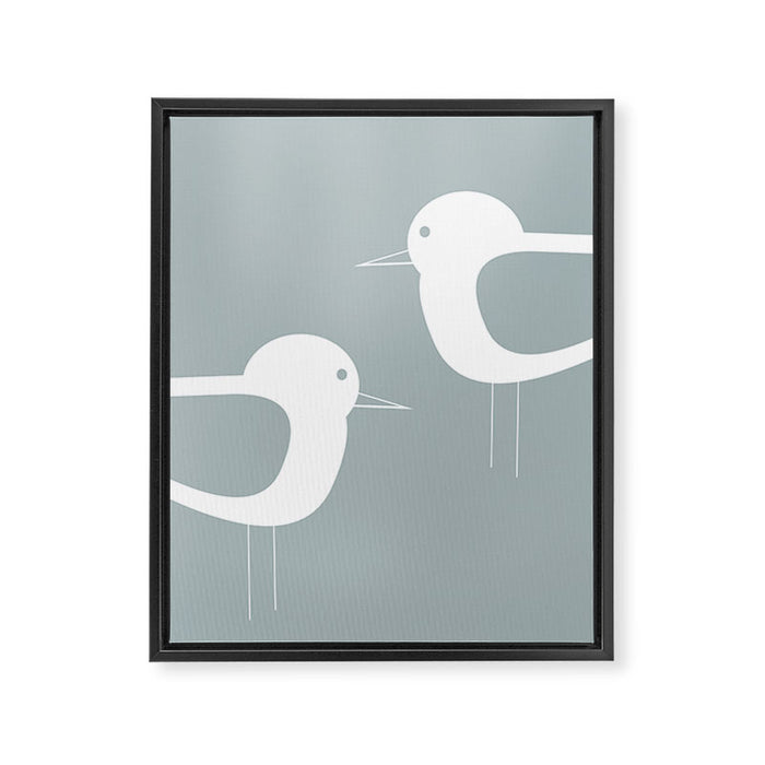 Shorebird Pair Minimalist Coastal Bird Couple in Light Blue-Gray and White Framed Canvas Print Gallery Image 1