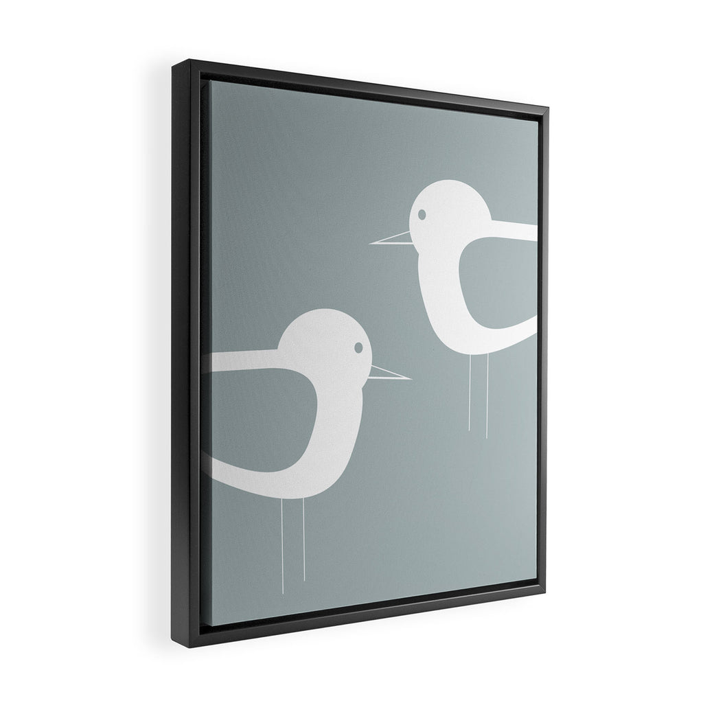 Shorebird Pair Minimalist Coastal Bird Couple in Light Blue-Gray and White Framed Canvas Print Gallery Image 2