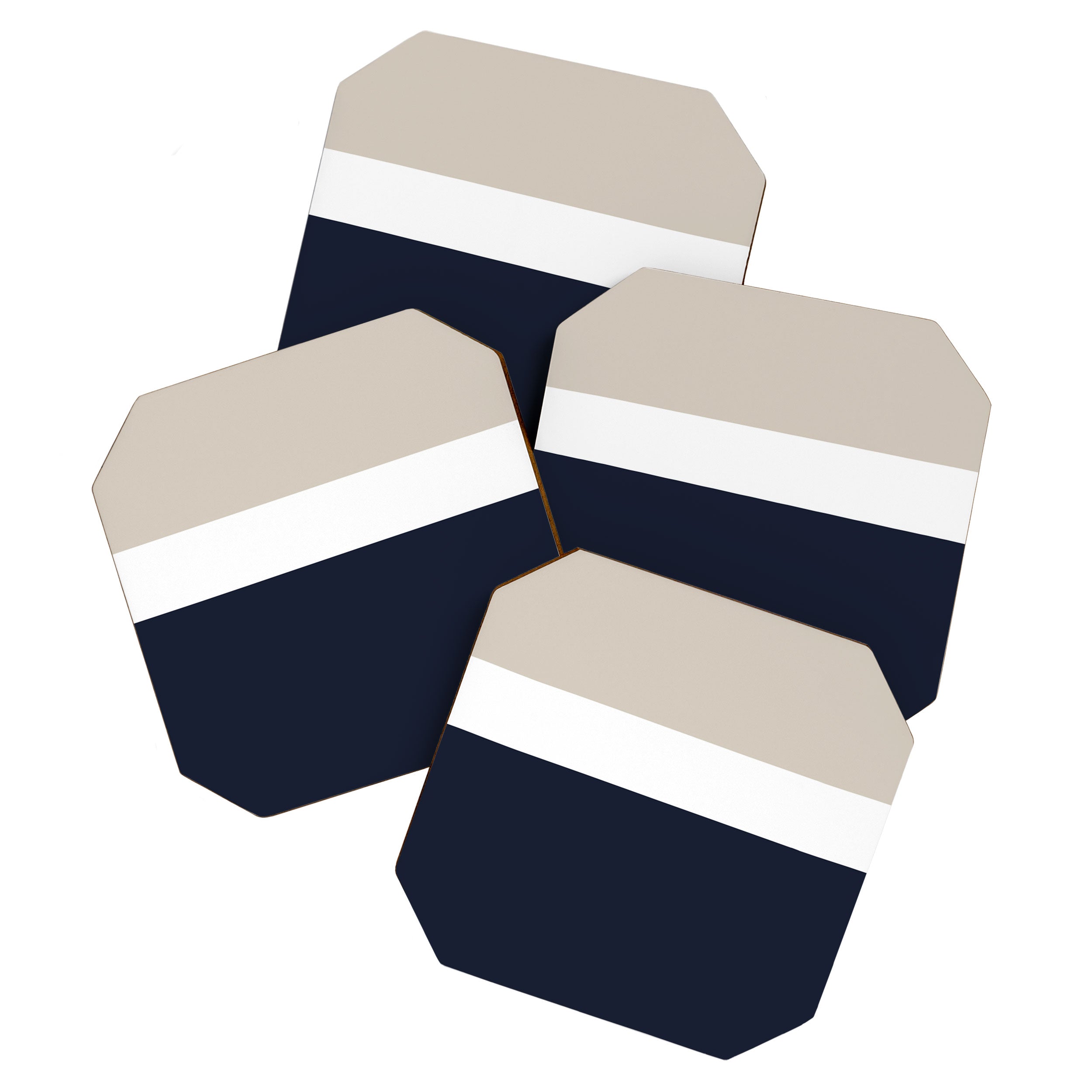 Simple Minimalist Color Block Pattern - Mid Striped Solid Light Mushroom Beige White Deep Navy Blue Coaster Gallery Image 1