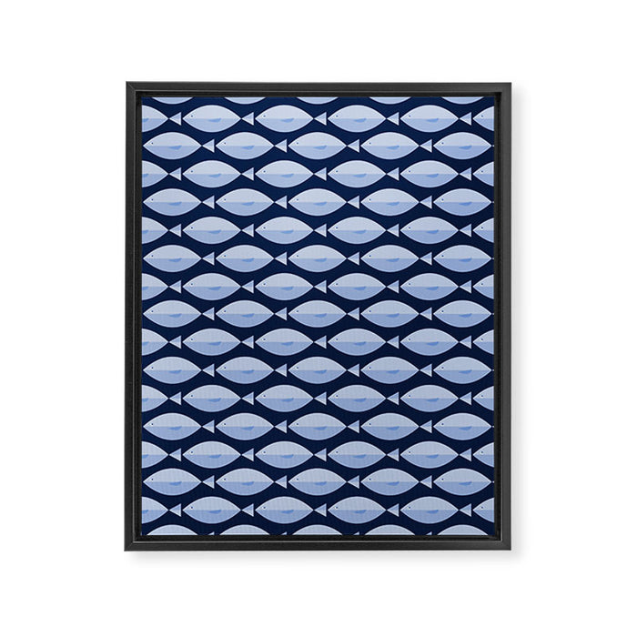 Sleepy Light Blue Fish in a Nautical Navy Blue Sea Framed Canvas Print Gallery Image 1