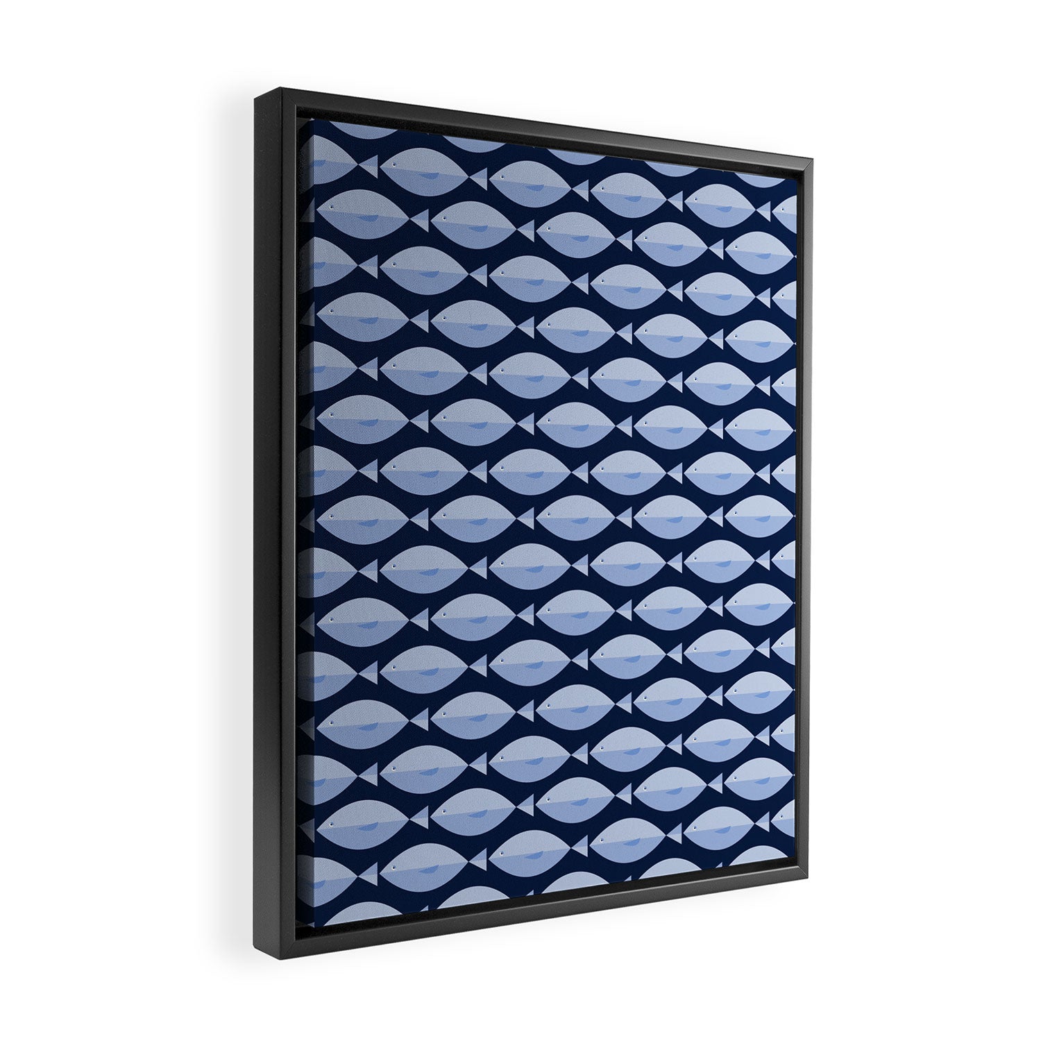 Sleepy Light Blue Fish in a Nautical Navy Blue Sea Framed Canvas Print Gallery Image 2