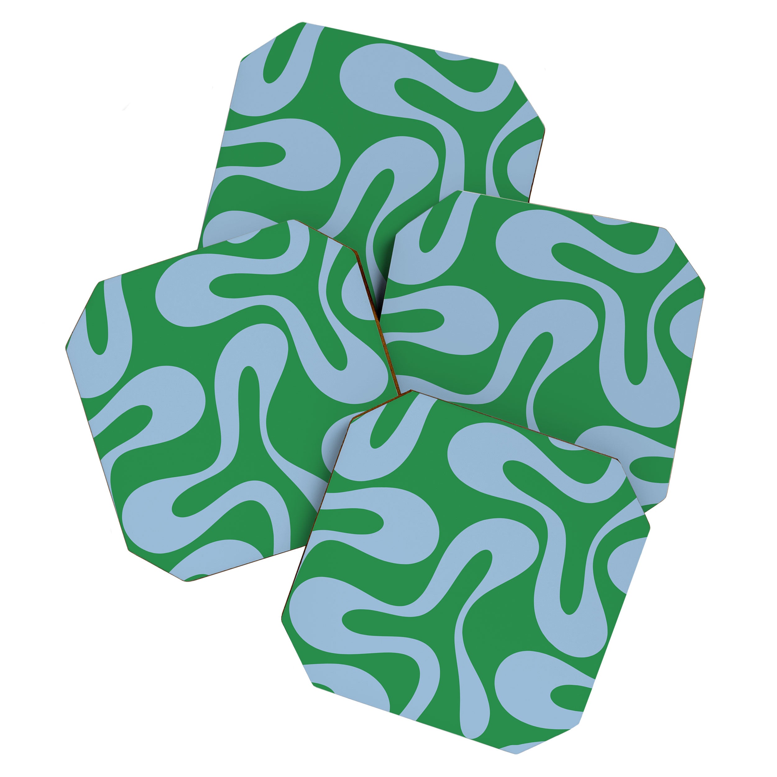 Soft Curves Retro Contemporary Abstract Pattern in Green and Light Blue Coaster Gallery Image 1