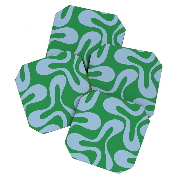 Soft Curves Retro Contemporary Abstract Pattern in Green and Light Blue Coaster Gallery Image 1