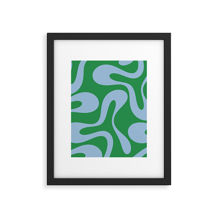 Soft Curves Retro Contemporary Abstract Pattern in Green and Light Blue Framed Art Print Gallery Image 1