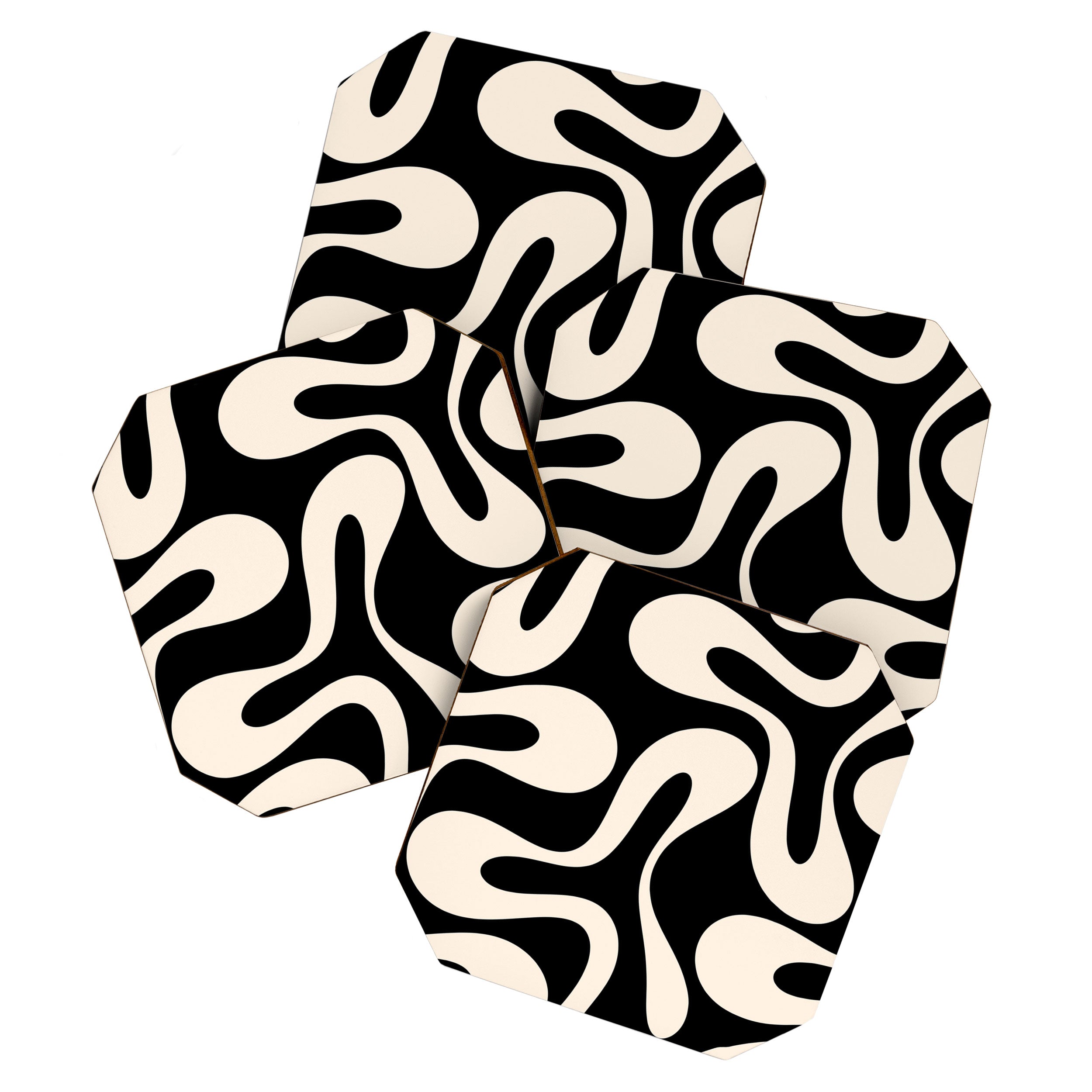 Soft Curves Retro Modern Abstract Pattern in Black and Almond Cream Coaster Gallery Image 1