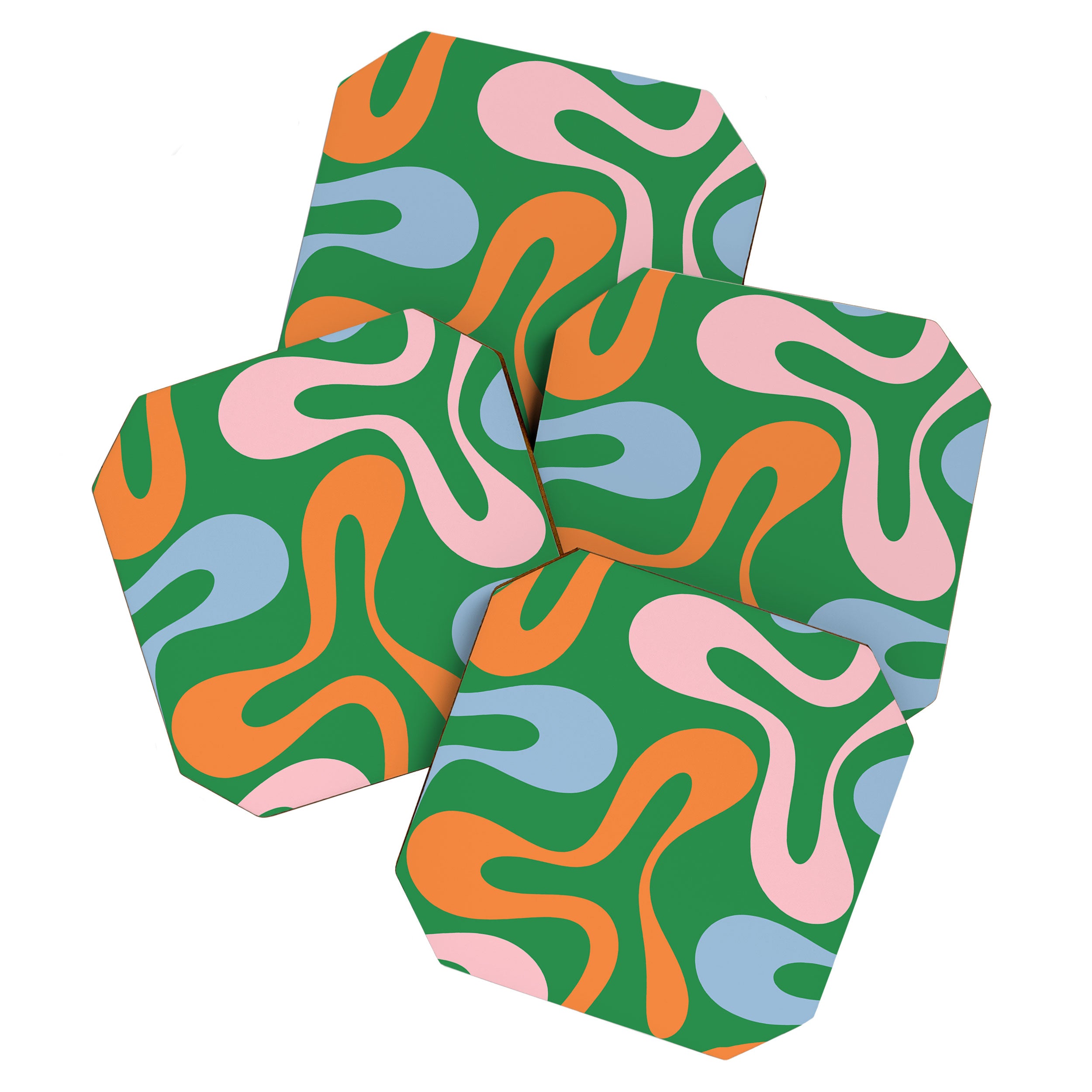 Soft Curves Retro Modern Abstract Pattern in Bold Green, Light Blue, Orange and Pink Coaster Gallery Image 1