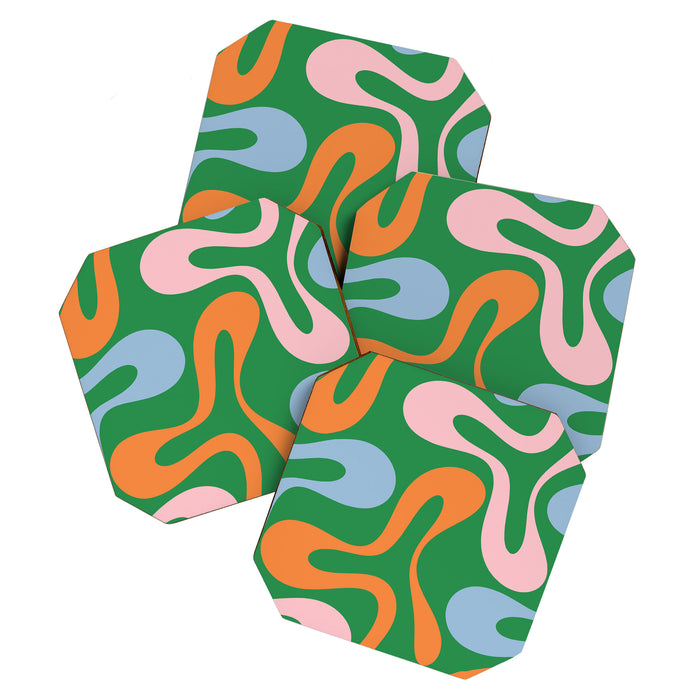 Soft Curves Retro Modern Abstract Pattern in Bold Green, Light Blue, Orange and Pink Coaster Gallery Image 1