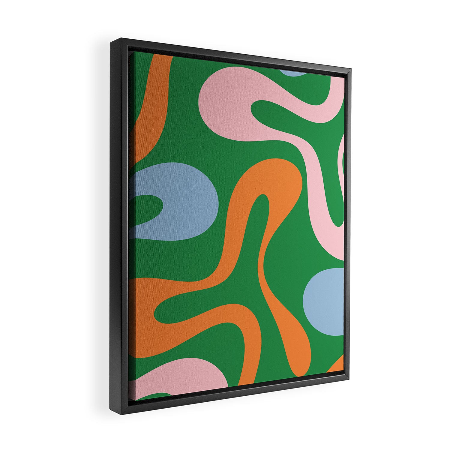 Soft Curves Retro Modern Abstract Pattern in Bold Green, Light Blue, Orange and Pink Framed Canvas Print Gallery Image 2