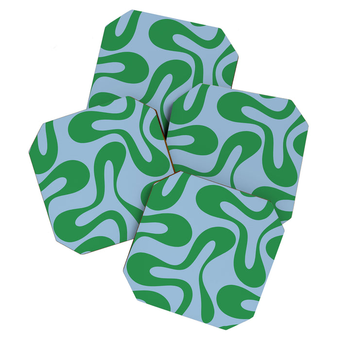 Soft Curves Retro Modern Abstract Pattern in Green and Light Blue Coaster Gallery Image 1