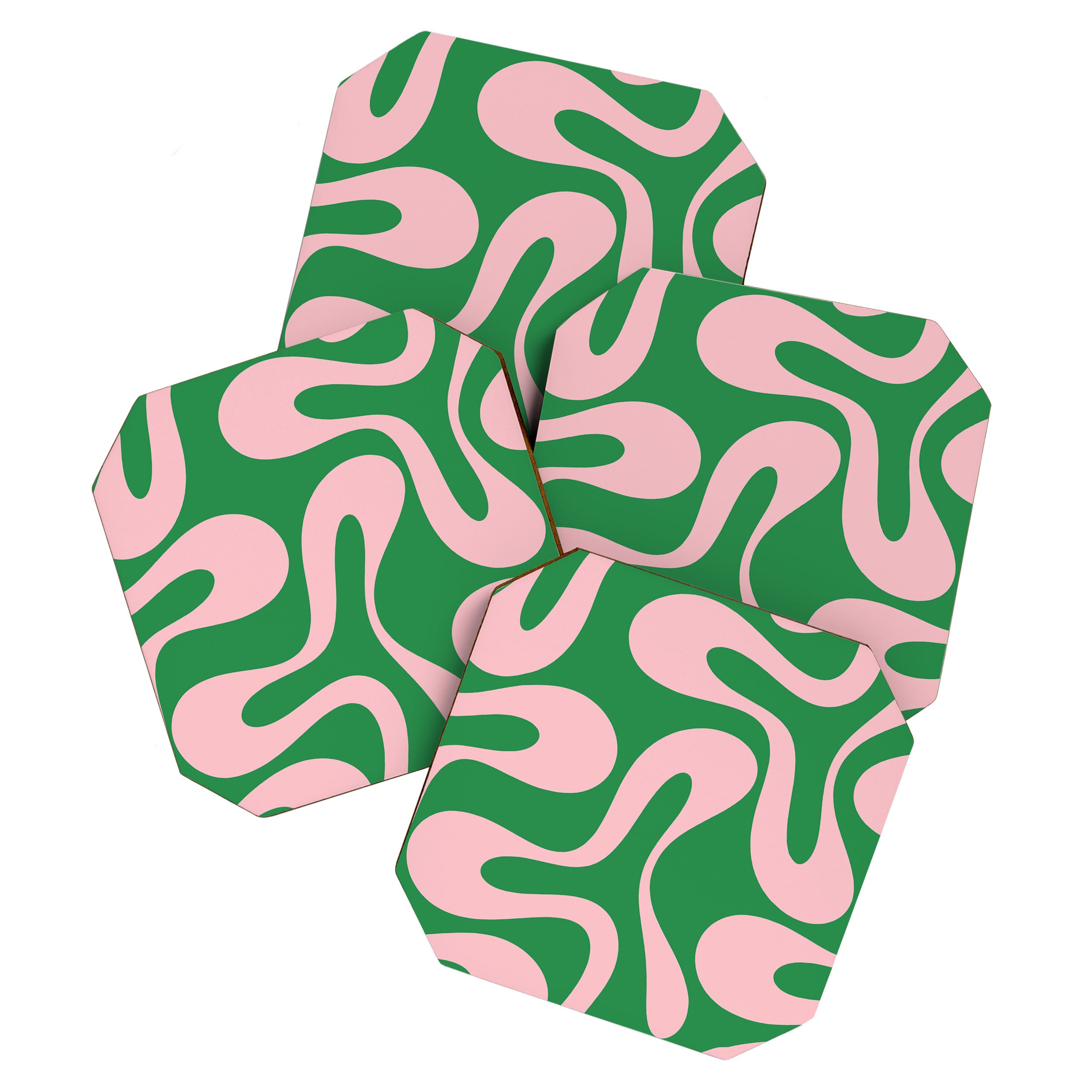 Soft Curves Retro Modern Abstract Pattern in Green and Light Pink Coaster Gallery Image 1