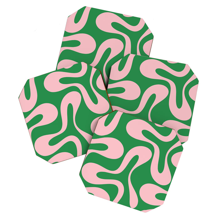 Soft Curves Retro Modern Abstract Pattern in Green and Light Pink Coaster Gallery Image 1