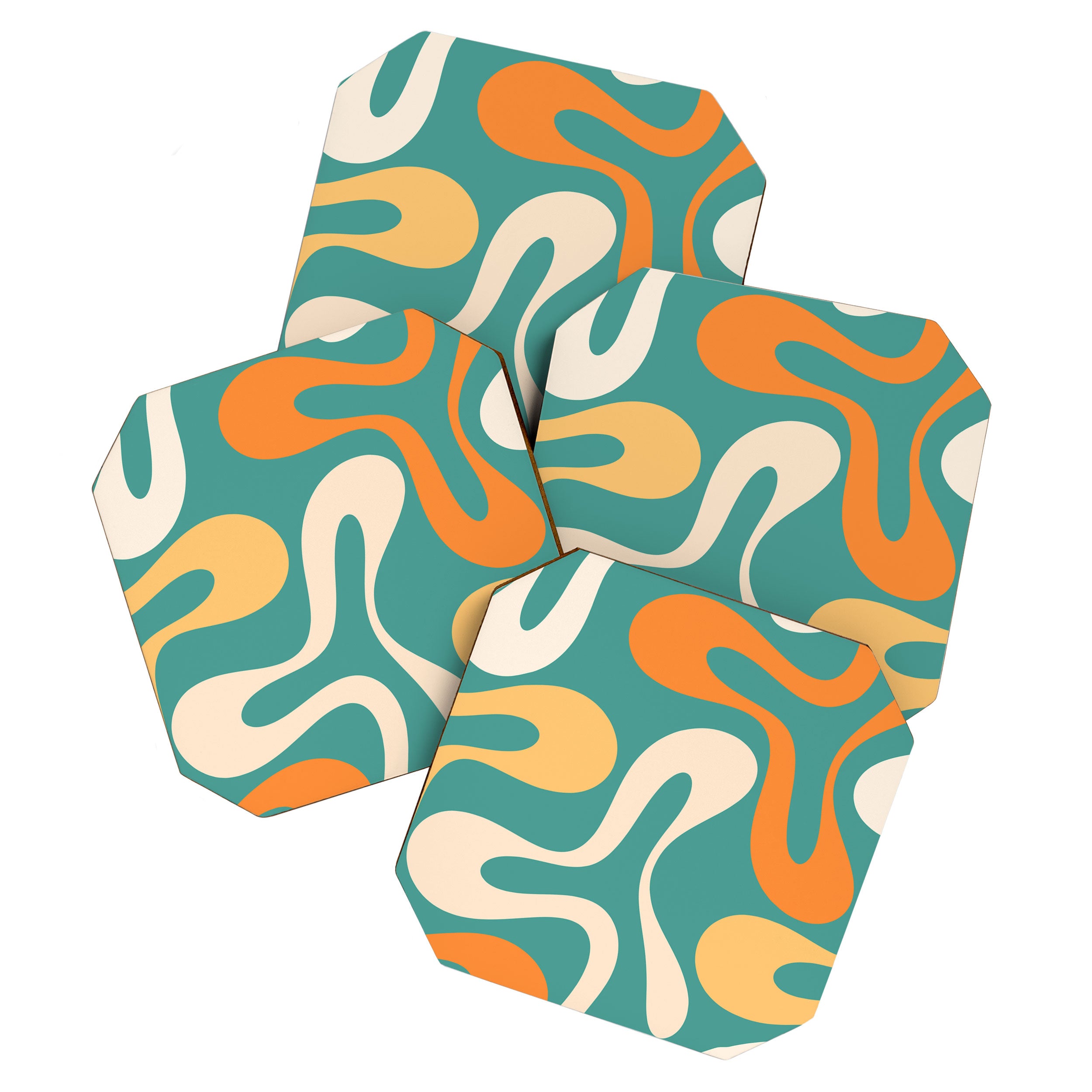 Soft Curves Retro Modern Abstract Pattern Teal Orange Yellow Coaster Gallery Image 1