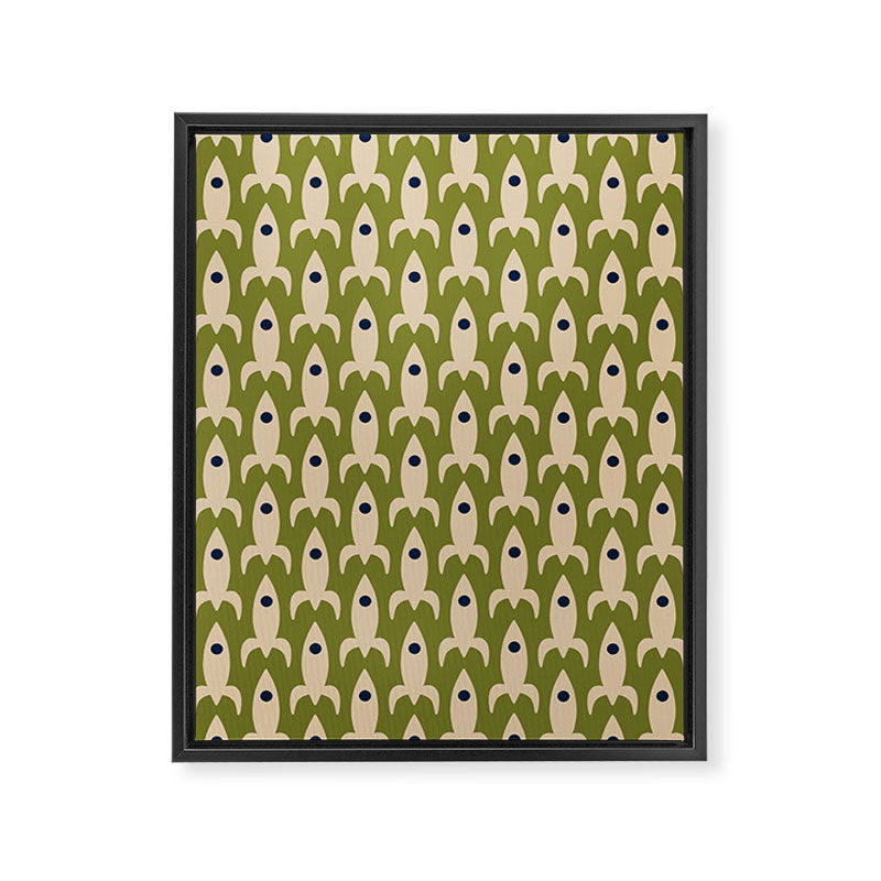 Space Age Rocket Ships - Atomic Age Mid-Century Modern Pattern in Mid Mod Beige and Olive Framed Canvas Print Gallery Image 8