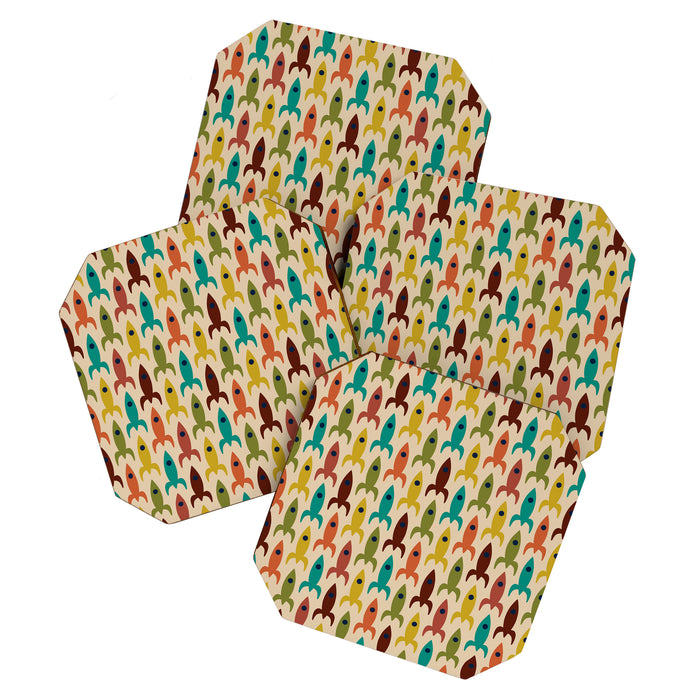 Space Age Rocket Ships - Atomic Age Mid-Century Modern Pattern in Mid Mod Colors on Beige Coaster Gallery Image 1