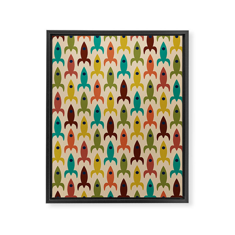 Space Age Rocket Ships - Atomic Age Mid-Century Modern Pattern in Mid Mod Colors on Beige Framed Canvas Print Gallery Image 8