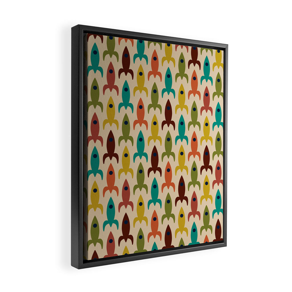 Space Age Rocket Ships - Atomic Age Mid-Century Modern Pattern in Mid Mod Colors on Beige Framed Canvas Print Gallery Image 2