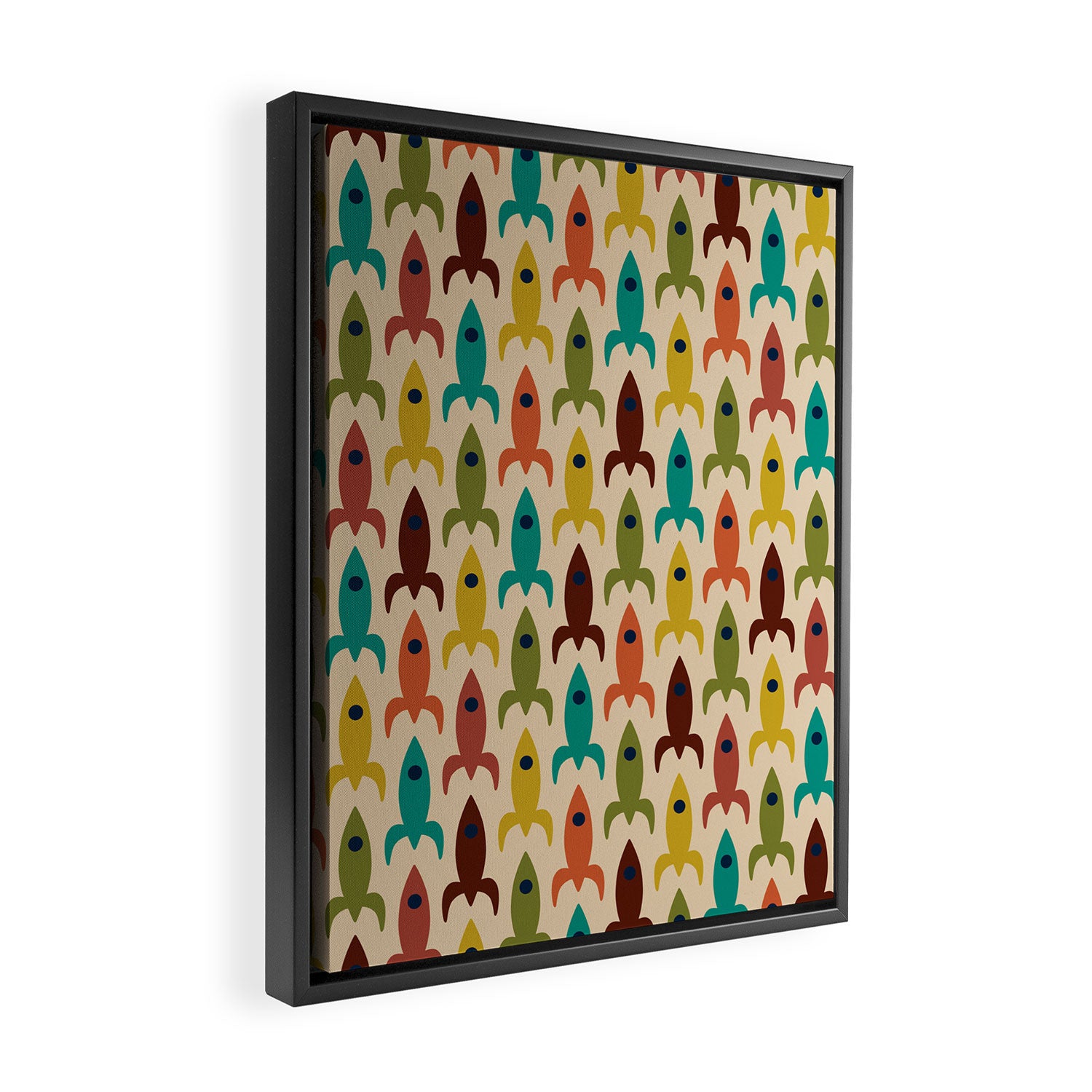 Space Age Rocket Ships - Atomic Age Mid-Century Modern Pattern in Mid Mod Colors on Beige Framed Canvas Print Gallery Image 2