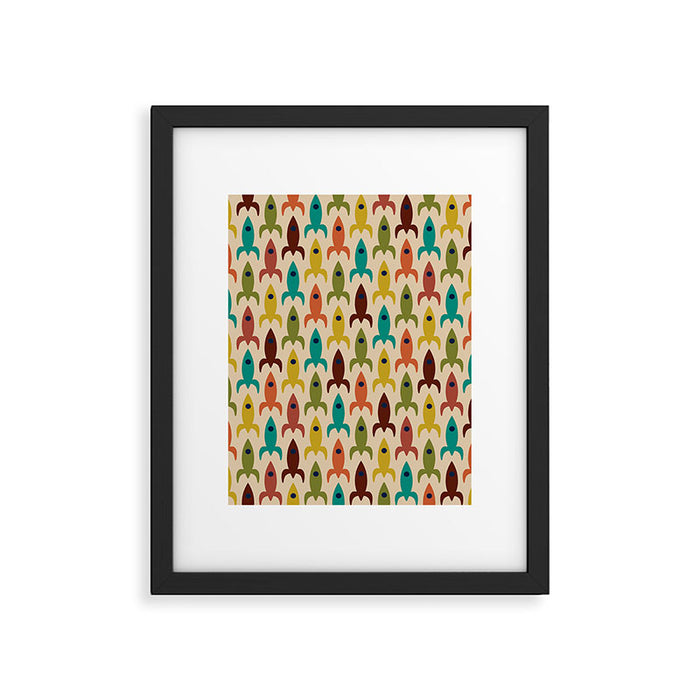 Space Age Rocket Ships - Atomic Age Mid-Century Modern Pattern in Mid Mod Colors on Beige Framed Art Print Gallery Image 1