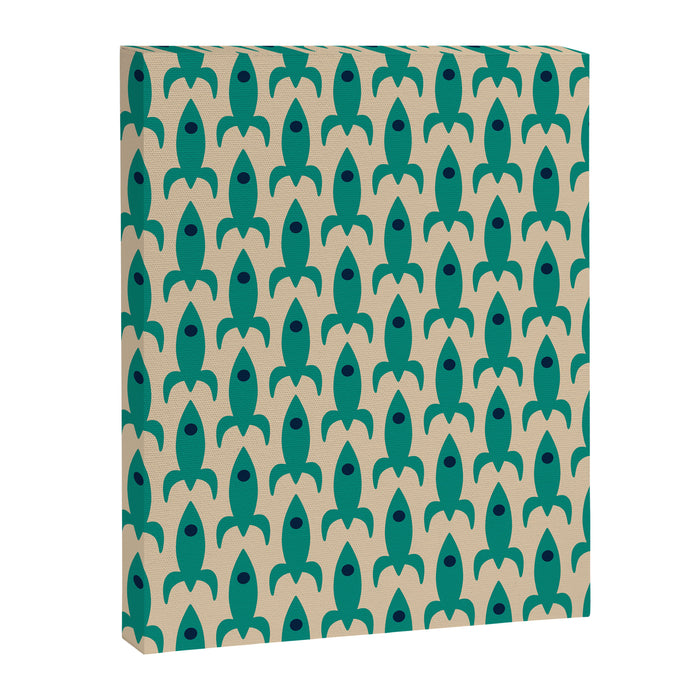 Space Age Rocket Ships - Atomic Age Mid-Century Modern Pattern in Teal and Mid Mod Beige Canvas Print Gallery Image 1